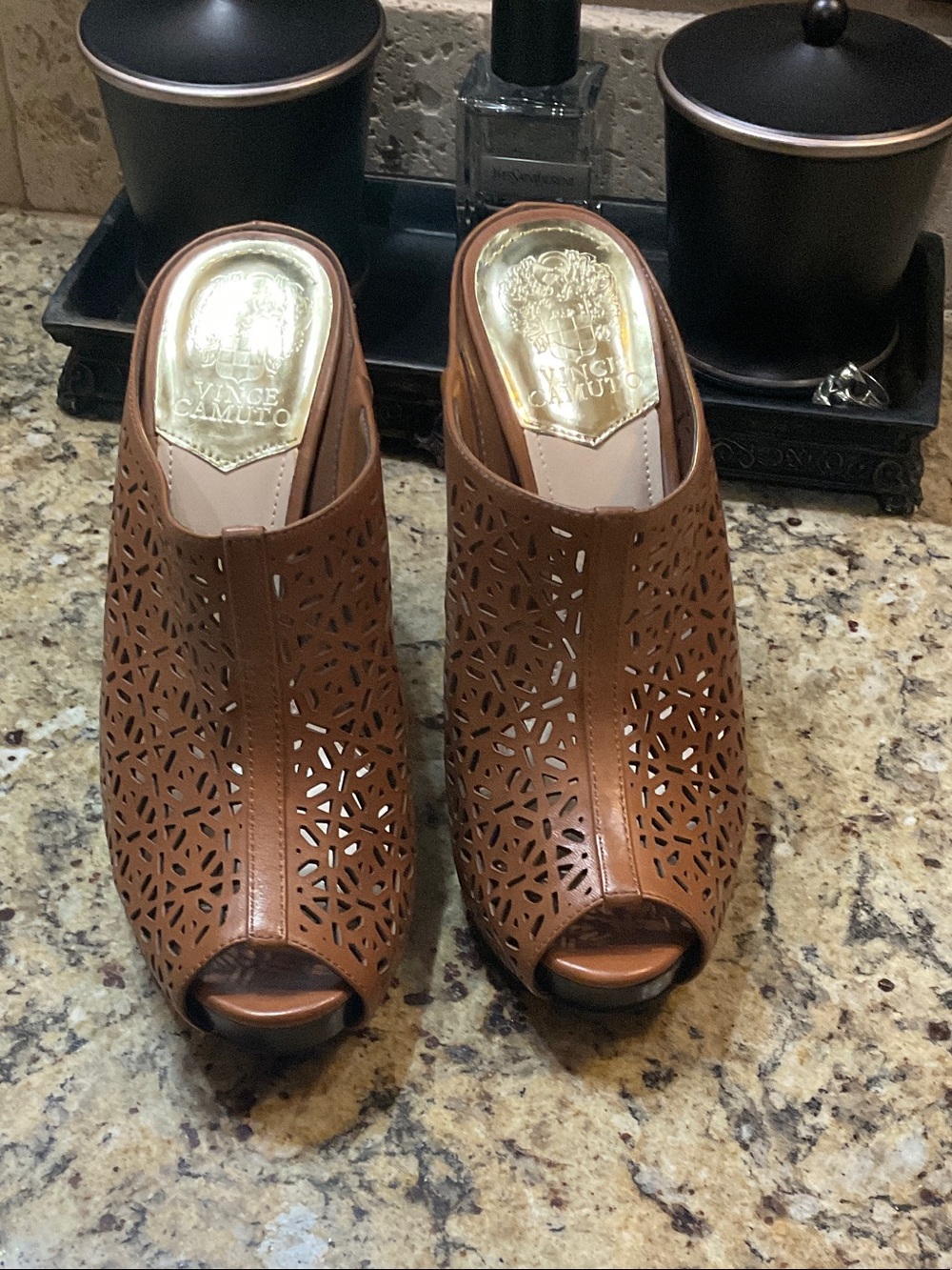 Vince Camuto Tan Laser-Cut Peep-Toe Mule